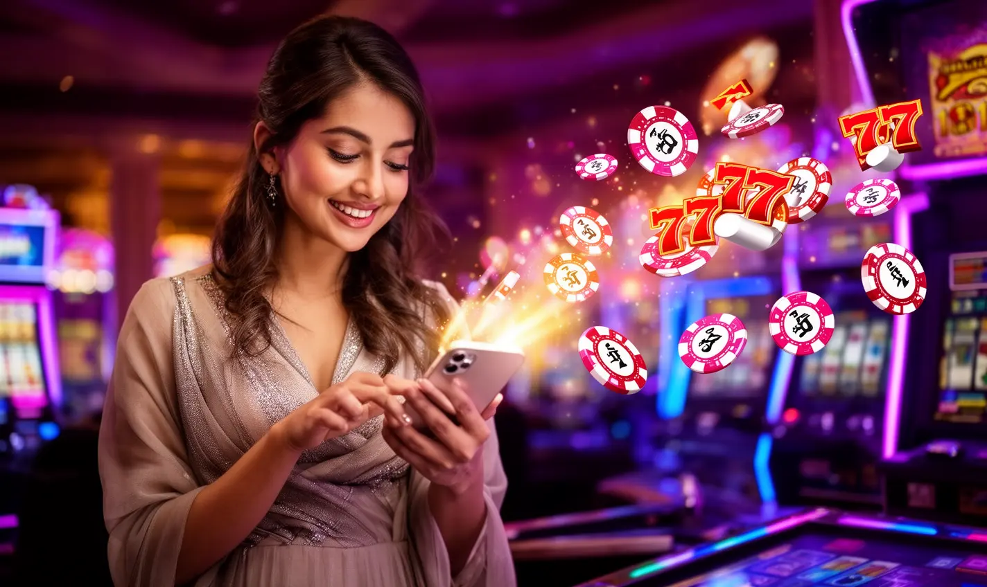 Confident Bangladeshi woman playing on the 80BD casino app with glowing chips and slot symbols creating a vibrant mobile gaming scene