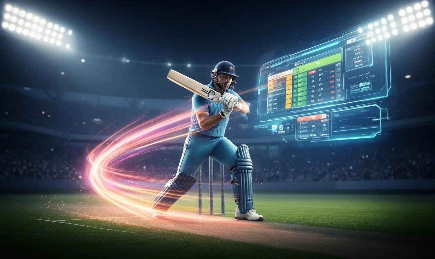 Dynamic neon cricket player in motion with glowing trails and a digital betting interface representing fast sports betting on 80BD in Bangladesh