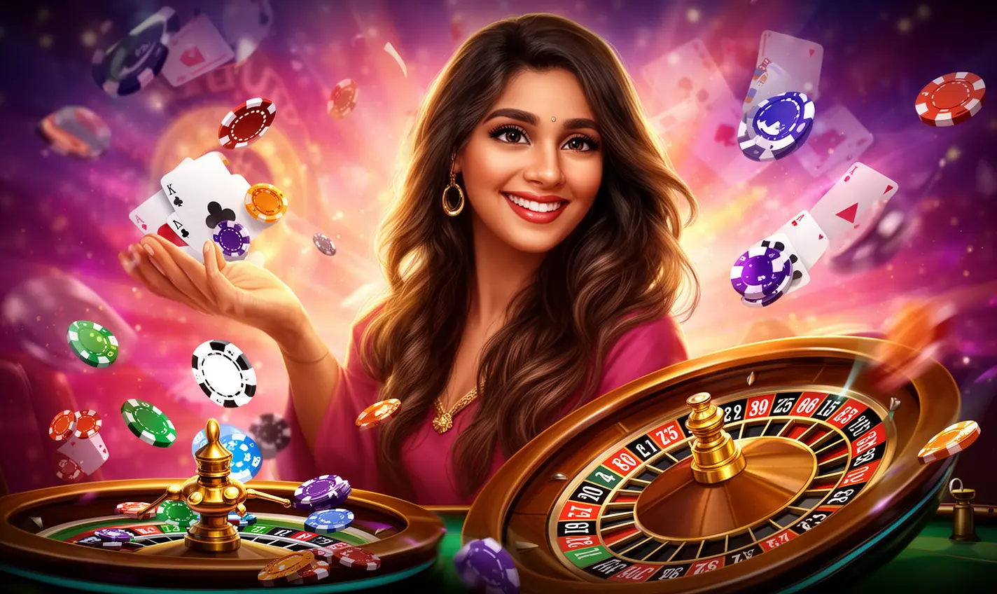 Elegant Bangladeshi casino dealer with playing chips in hand and a glowing roulette wheel behind her highlighting the premium casino atmosphere of 80BD
