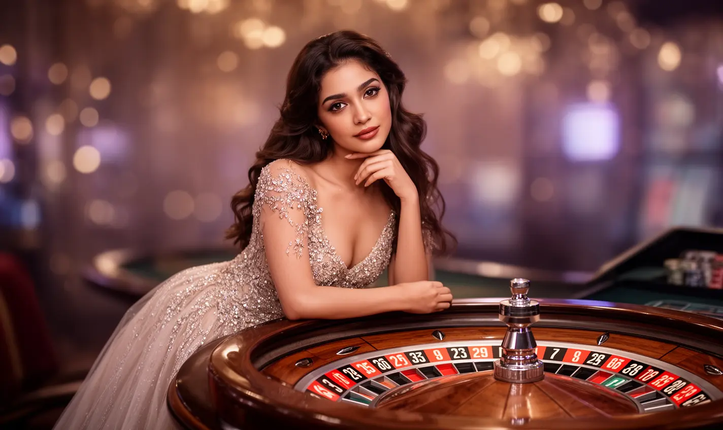 Luxury casino atmosphere with a glamorous woman in a sparkling dress near a roulette table showcasing the premium gaming experience of 80BD Casino in Bangladesh