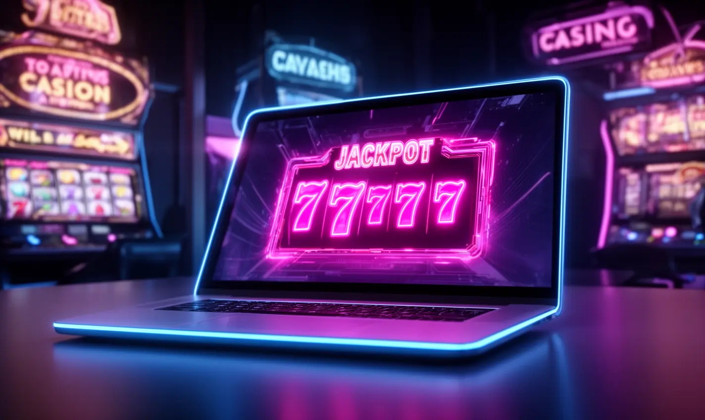 Futuristic laptop with colorful casino lights and a jackpot 777 display highlighting immersive online casino games available at 80BD in Bangladesh