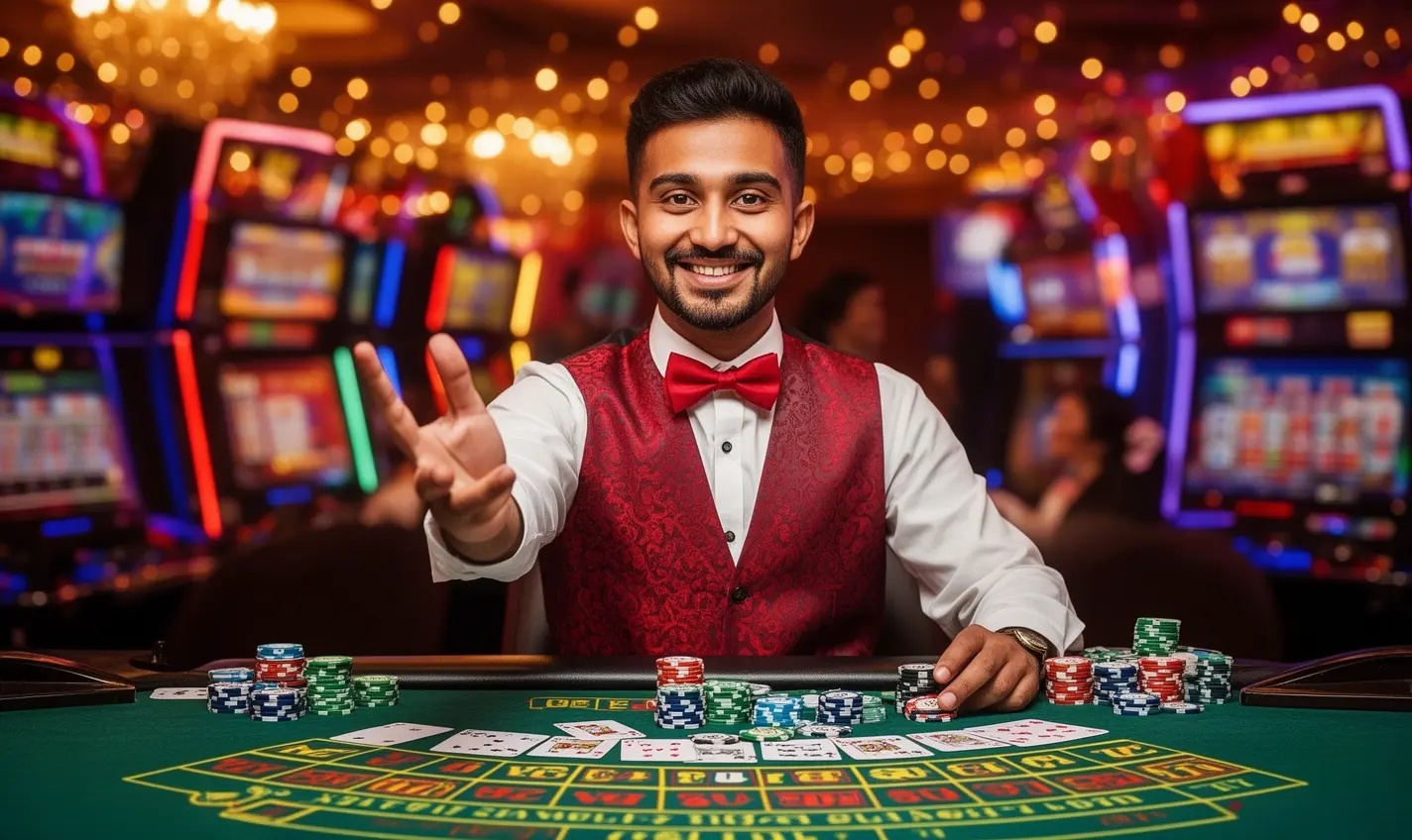Confident Bangladeshi casino dealer pointing forward in a vibrant gaming hall representing trusted player access and personalized service at 80BD