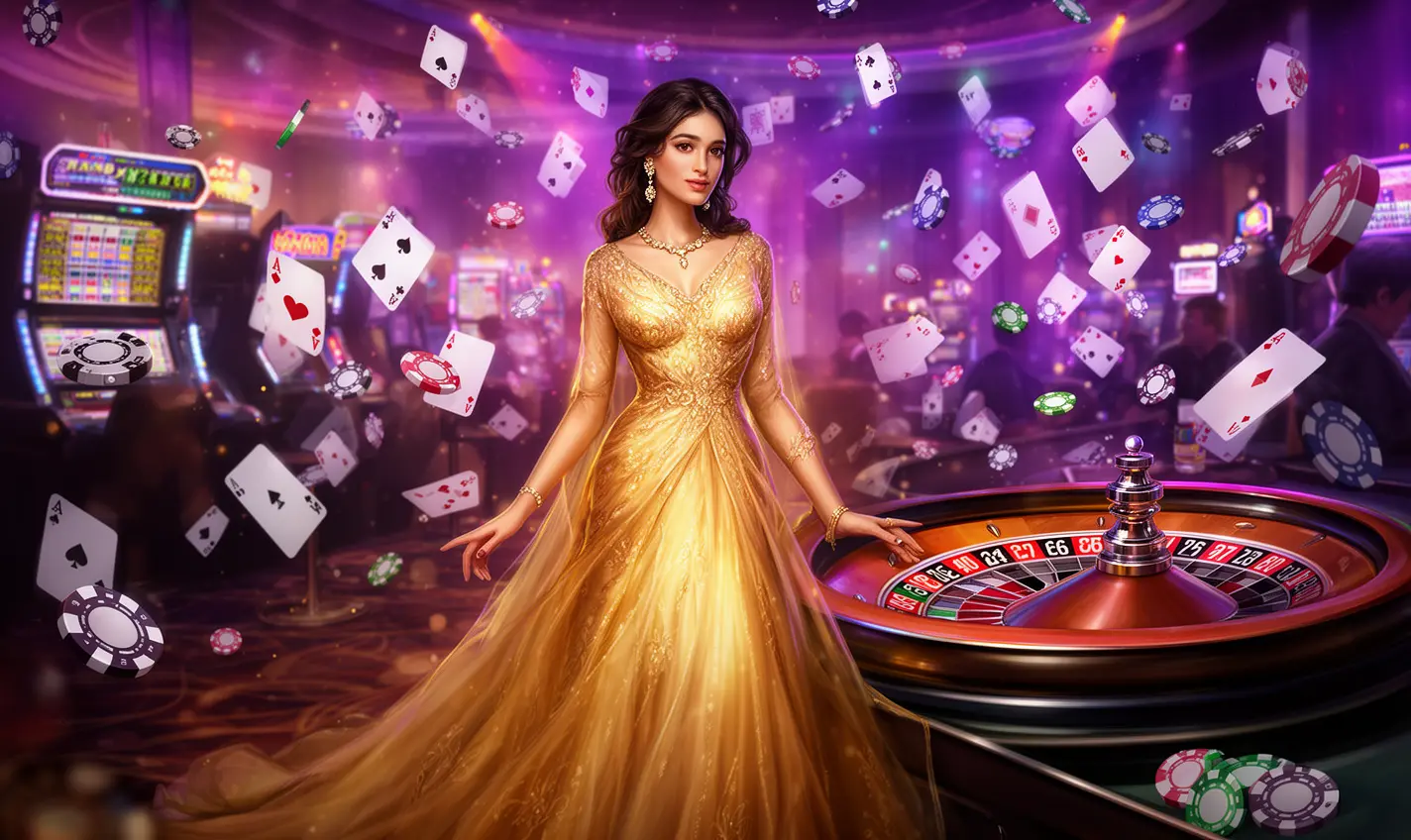 Stylish casino woman in a luxury gold dress near a roulette wheel with flying chips and cards representing the immersive gaming world of 80BD for players in Bangladesh