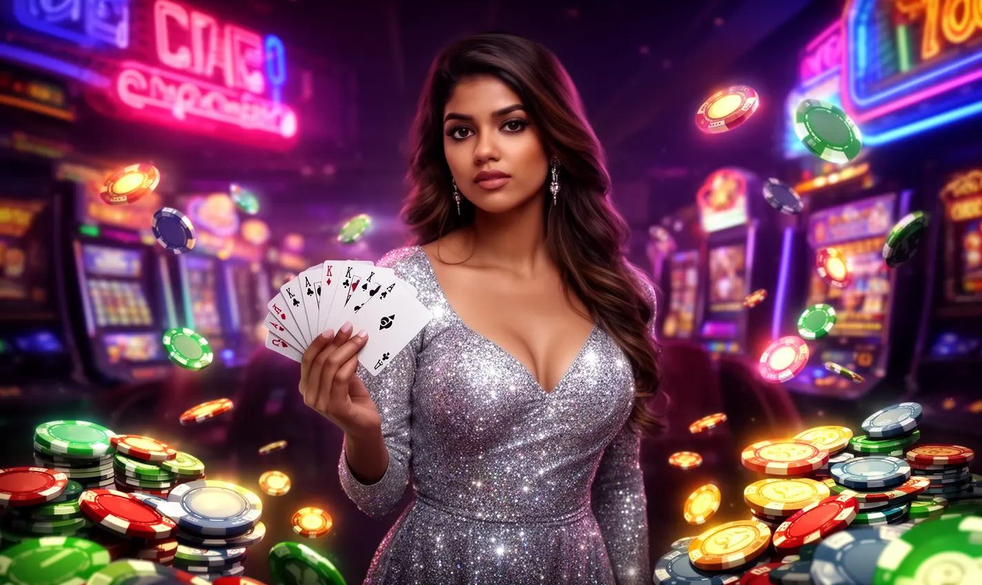 Elegant casino atmosphere with a glamorous woman holding cards and poker chips, showcasing the premium gaming experience available at 80BD for players in Bangladesh