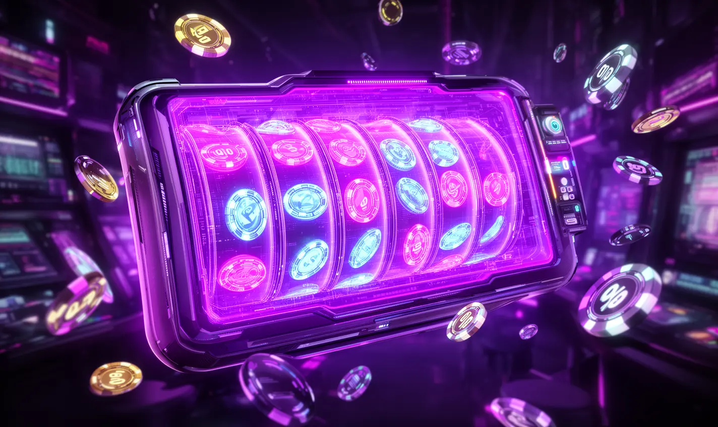 Futuristic slot machine with digital reels and glowing symbols surrounded by floating coins representing advanced slot gaming at 80BD in Bangladesh